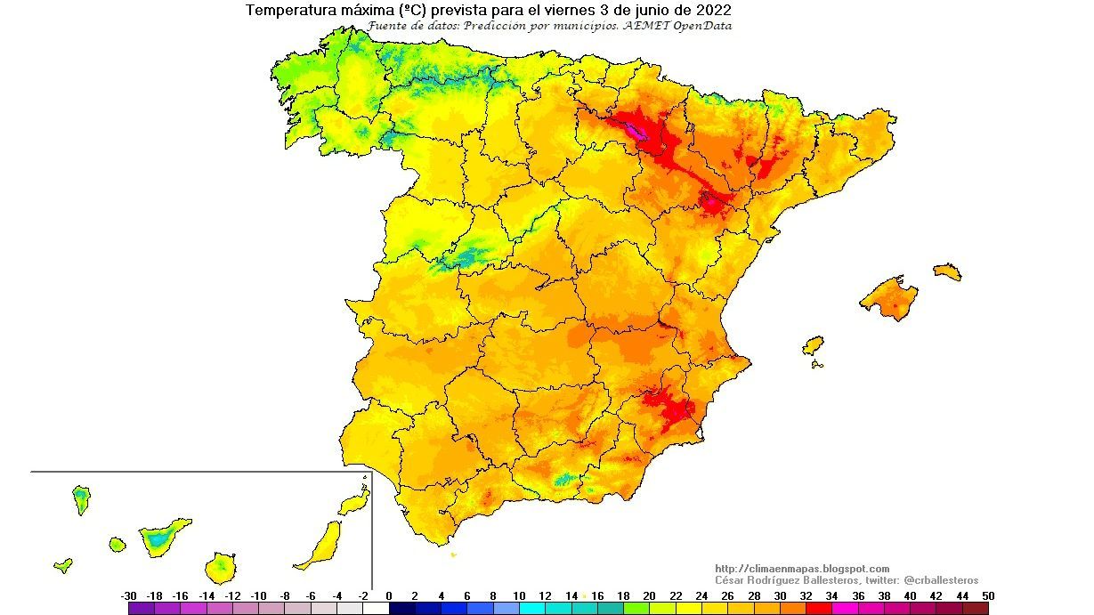 Temperaturas máximas previstas para el viernes, 3 de junio