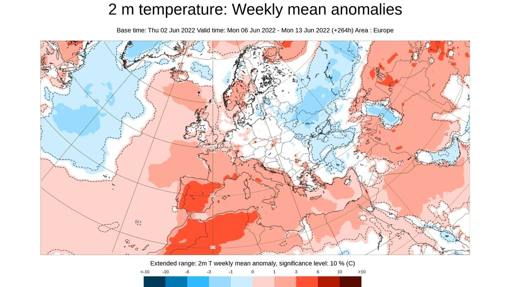 Anomalía de la temperatura prevista para la semana del 6 al 12 de junio