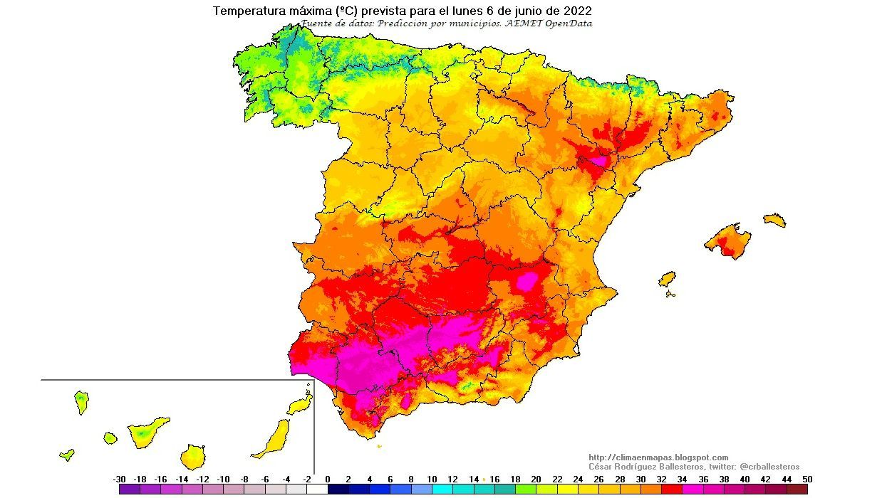Temperaturas máximas previstas apra el lunes 6 de junio