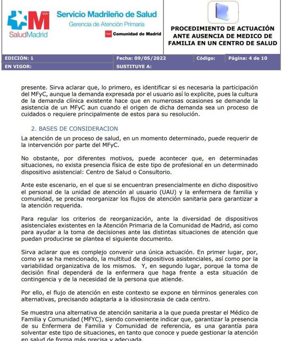 Protocolo Madrid para los centros de salud.