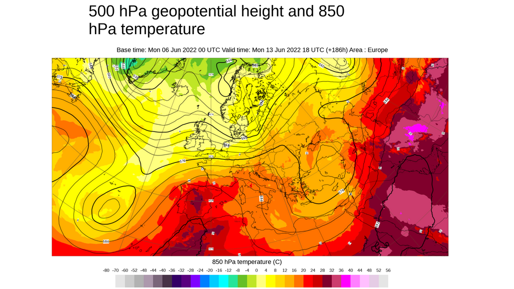 Temperatura y geopotencial 500 hPa previsto para el fin de semana