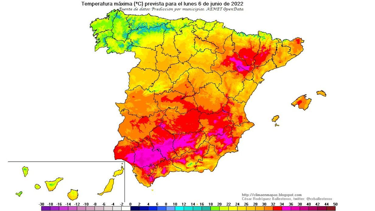 Temperaturas máximas previstas para el lunes 6 de junio 2022