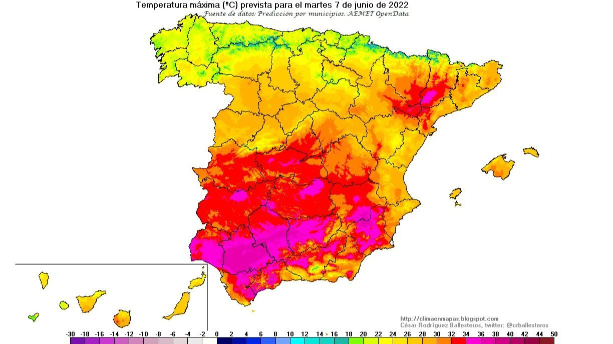 Temperaturas máximas previstas para el martes, 7 de junio 2022