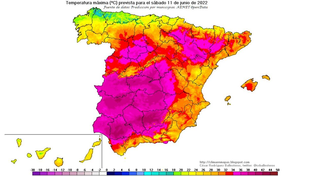 Temperaturas máximas previstas para el sábado 11 de junio 2022
