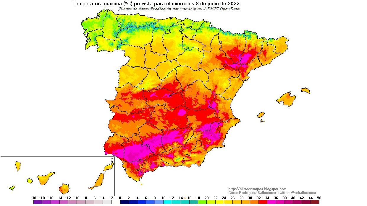 Temperaturas máximas previstas para el miércoles, 8 de junio