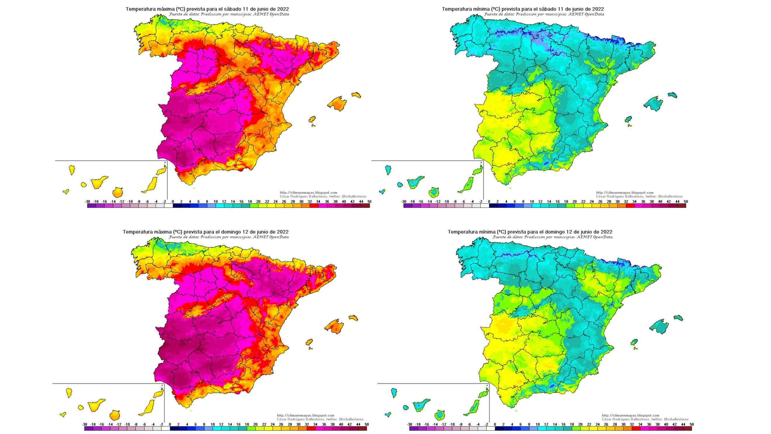 Temperaturas máximas y mínimas previstas para el sábado 11 y domingo 12