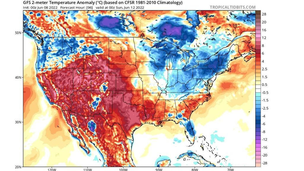 Anomalía de la temperatura en superficie (2 m) prevista para el fin de semana