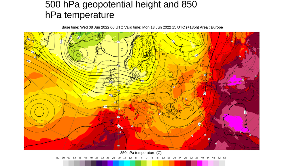 Temperatura y geopotencial 500 hPa previsto para el lunes 13