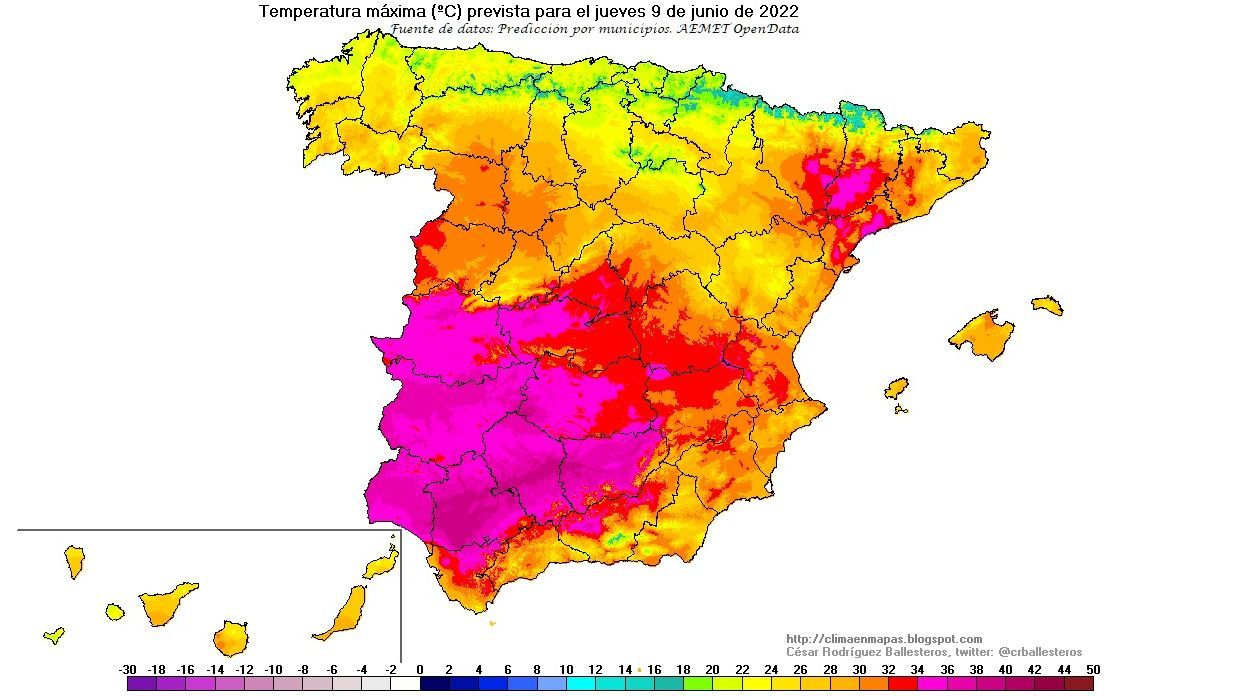 Temperaturas máximas previstas para el jueves 9 de junio