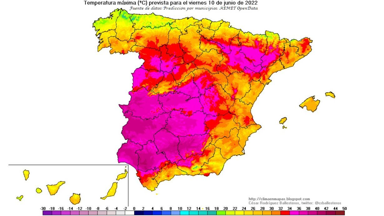 Temperaturas máximas previstas para el viernes 10 de junio 2022