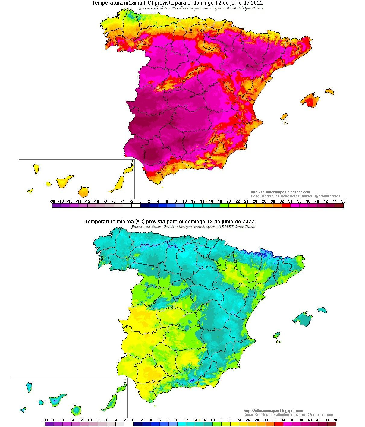 Temperaturas máximas y mínimas previstas para el domingo 12 de junio 2022