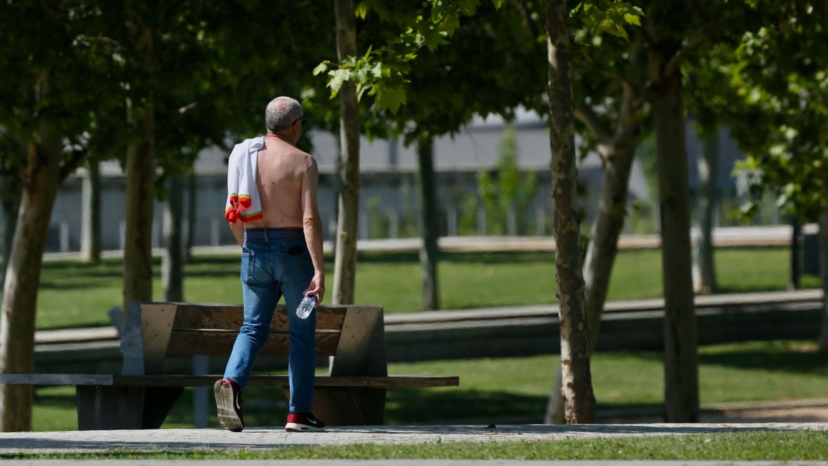 Un hombre pasea por Madrid un día caluroso Un hombre pasea por Madrid un día caluroso