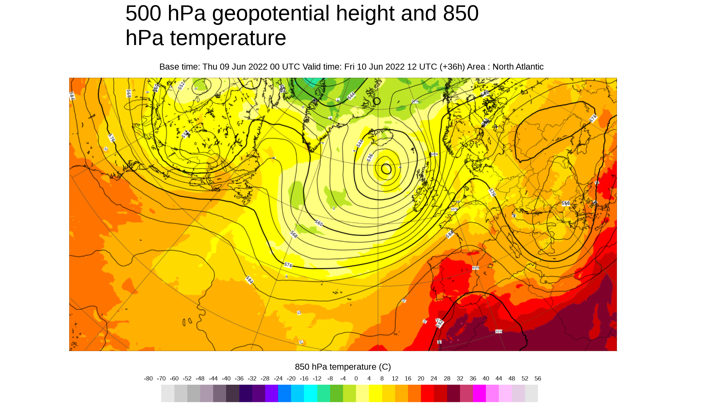 Temperatura y geopotencial 50 hPa previsto para el viernes