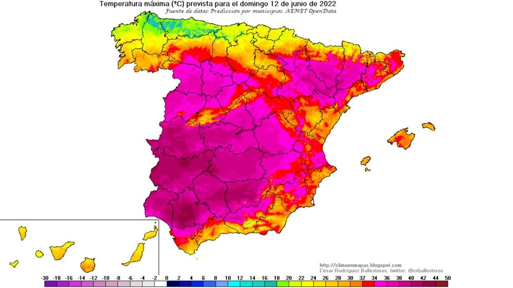 Temperaturas máximas previstas para el domingo 12 de junio