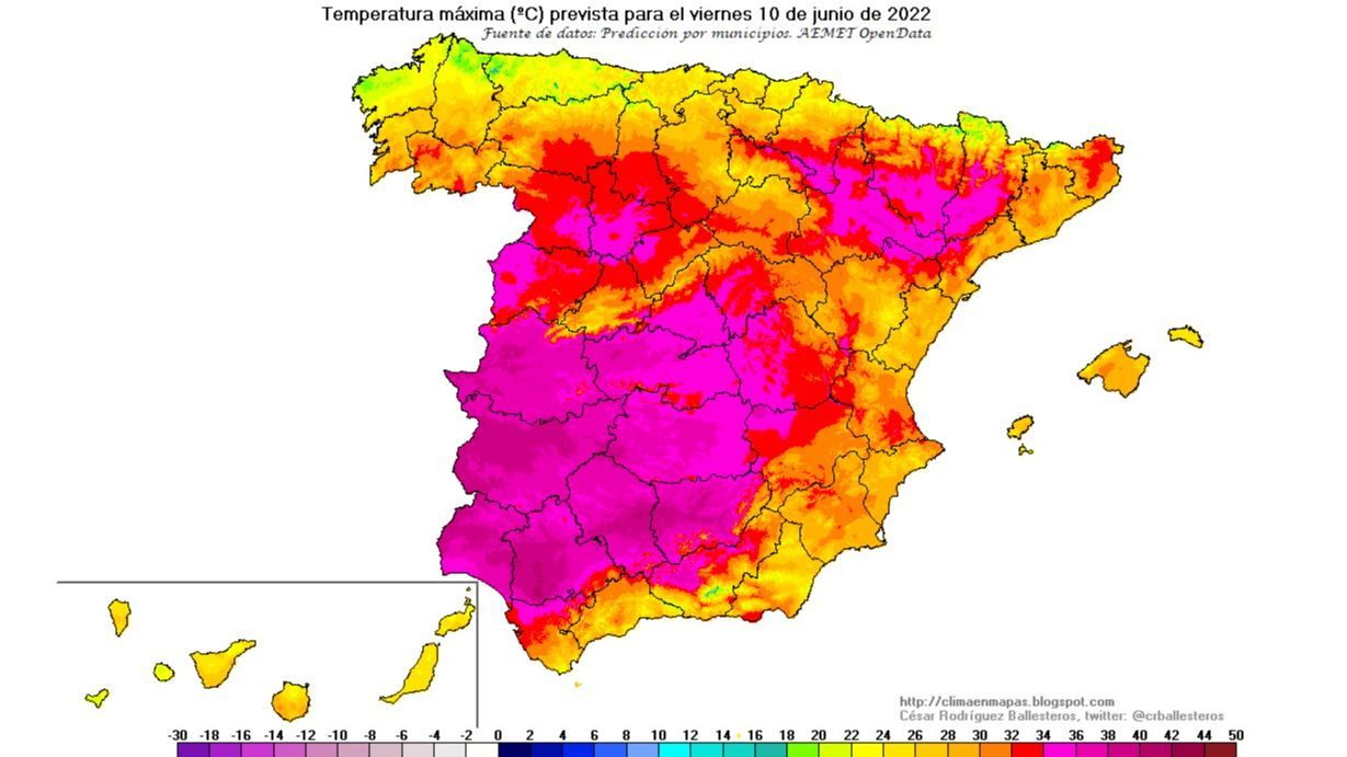 Temperaturas máximas previstas para el viernes, 10 de junio