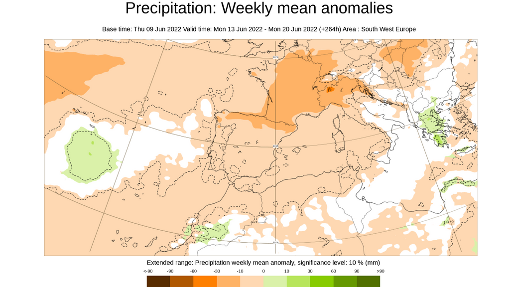 Anomalía de la precipitación prevista para la semana que viene
