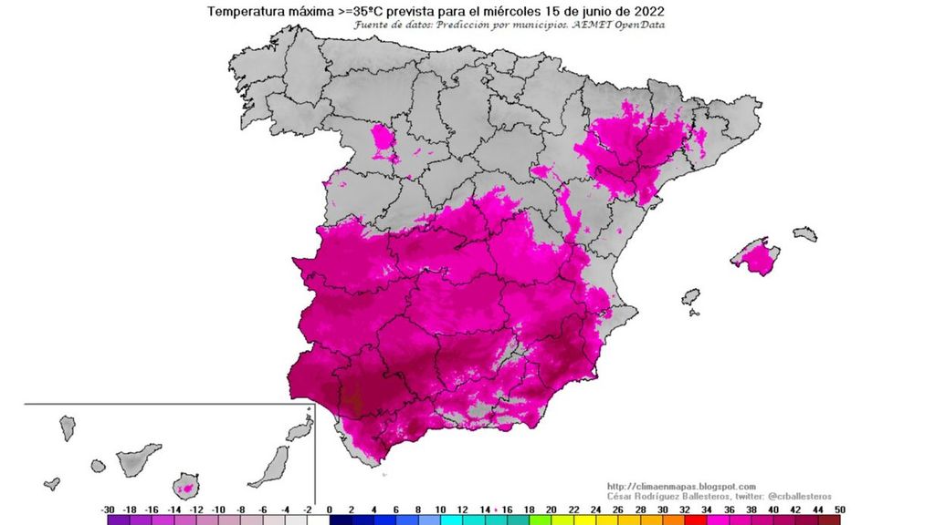 Temperaturas máximas ≥ 35 ºC previstas para el miércoles 15 de junio