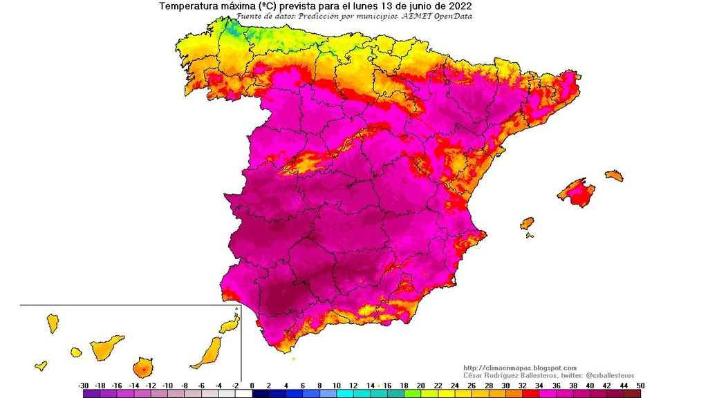 Temperaturas máximas previstas para el lunes, 13 de junio