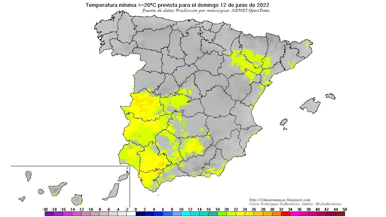 Temperaturas mínimas ≥ 20 ºC previstas para el domingo, 12 de junio