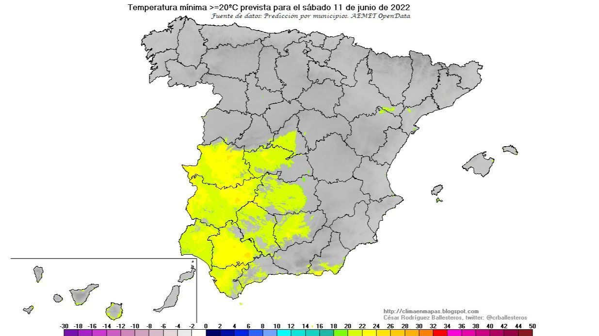 Temperaturas mínimas ≥ 20 ºC previstas para el sábado, 11 de junio
