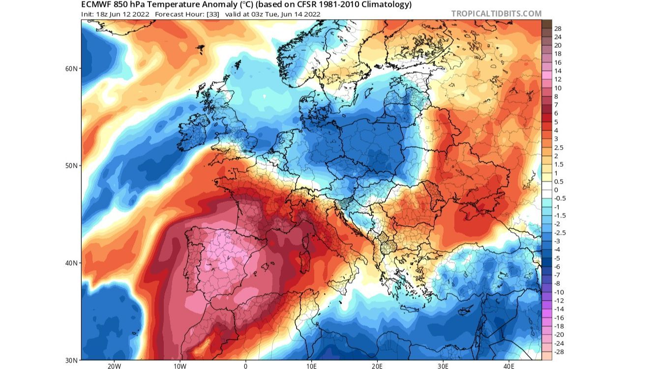 Anomalía de la temperatura a 850 hPa