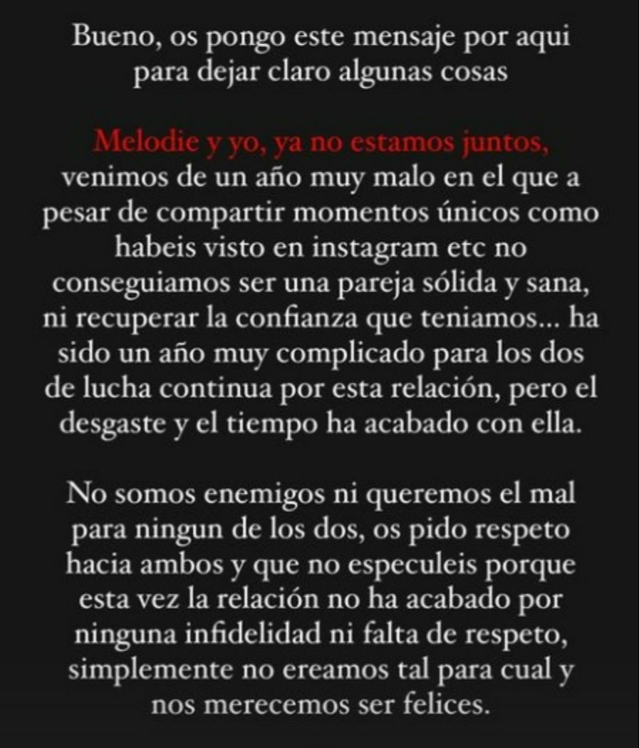 Beltrán ha dado la noticia de su ruptura con Melodie Peñalver en sus historias de Instagram