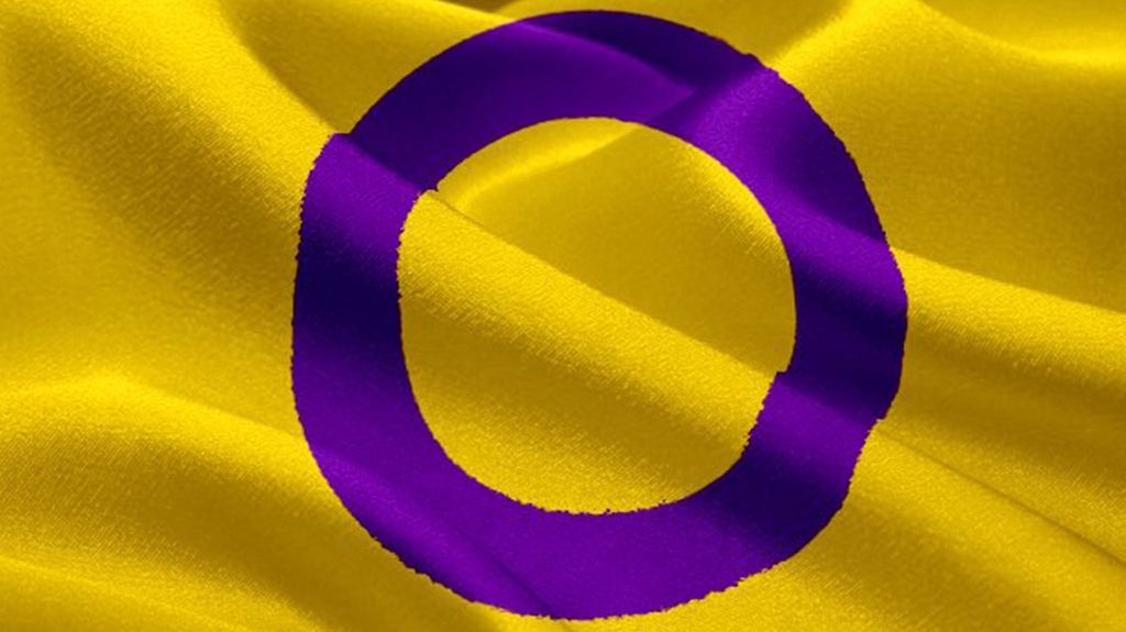 La bandera intersexual es amarillo con una circunferencia morada.