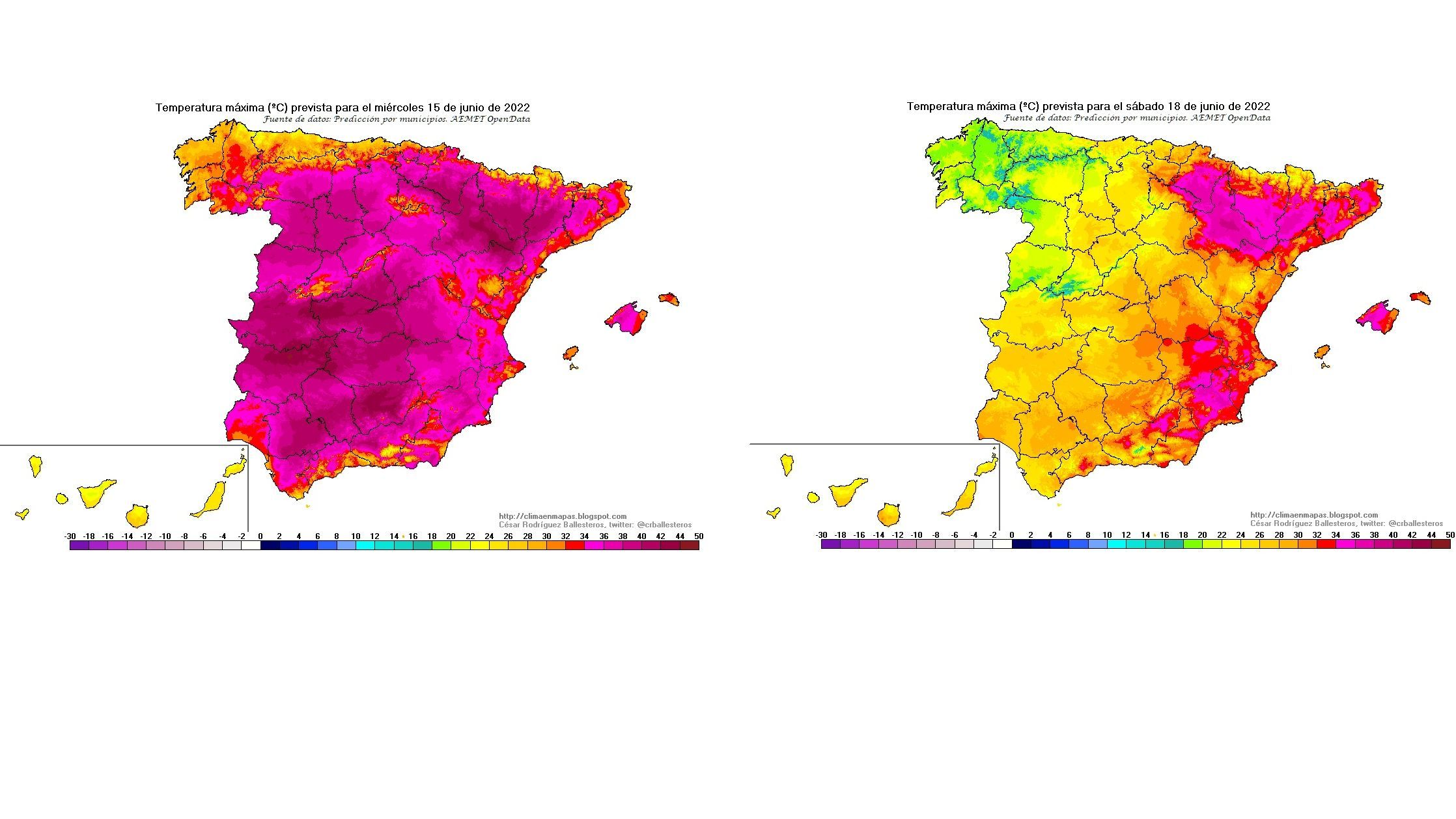 Temperaturas máximas previstas para el miércoles 15 (izda) y el sábado 18 (dcha)