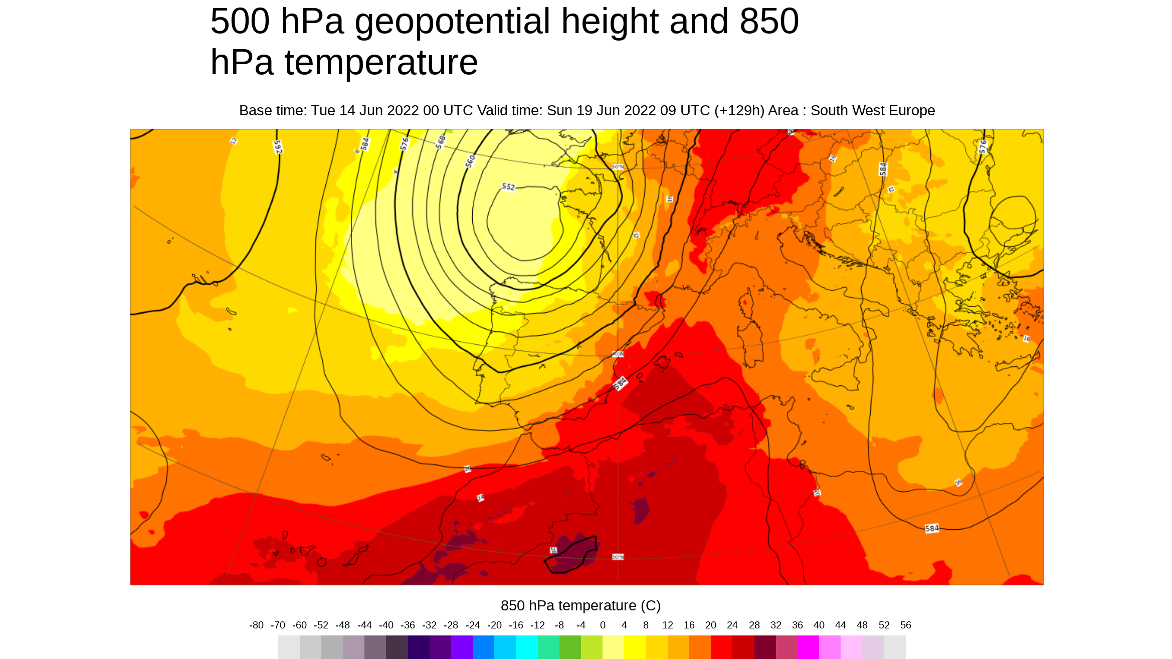 Temperatura y geopotencial previsto para fin de semana 500 hPa