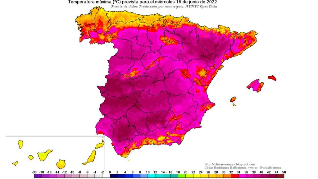 Temperaturas máximas previstas para el miércoles, 15 junio