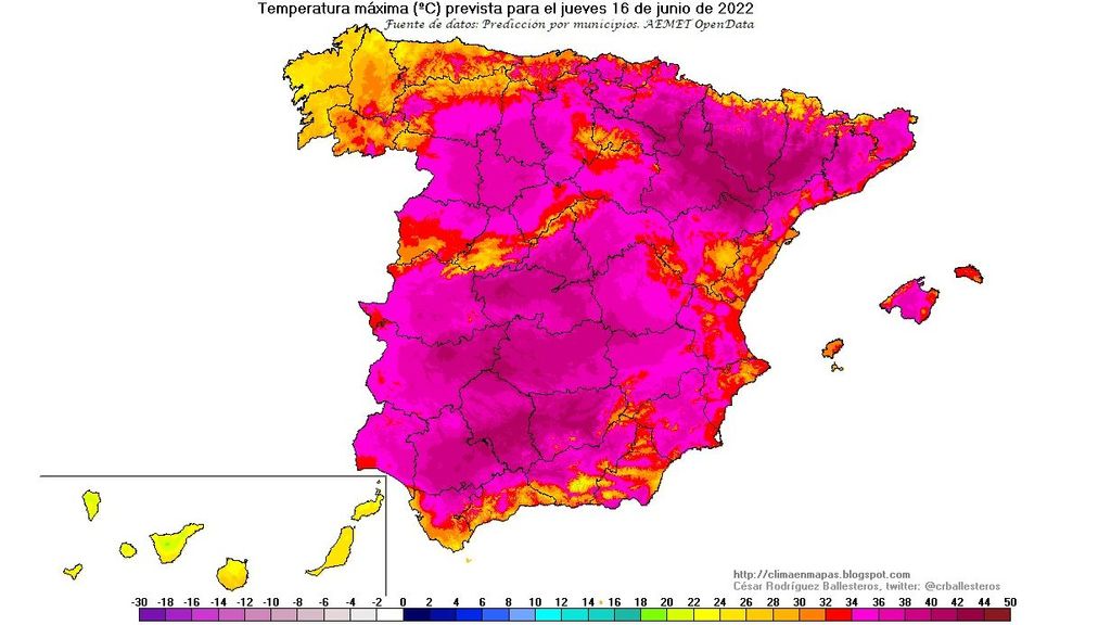 Temperaturas máximas previstas para el jueves, 16 de junio