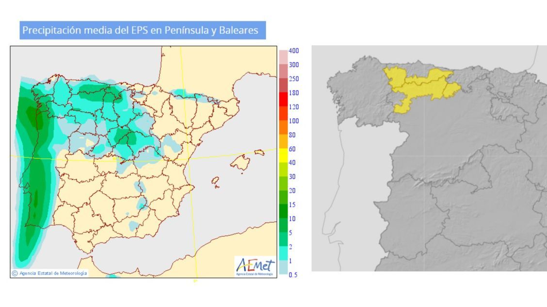 Precipitación media prevista para el jueves 16, y avisos por tormentas
