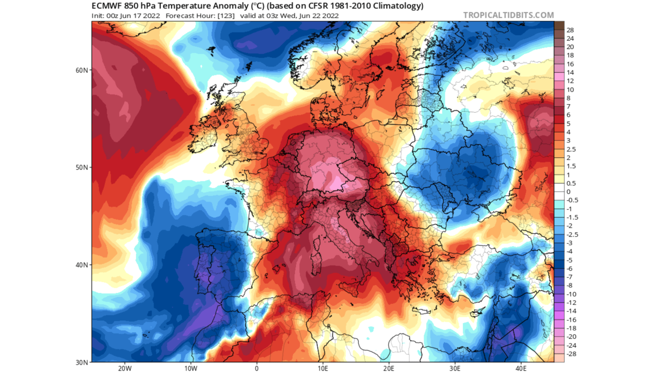 Anomalía de la temperatura a 850 hPa prevista para el miércoles 22