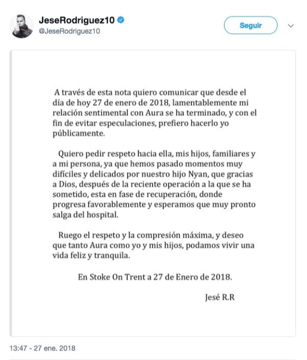 Jesé Rodríguez anuncia su ruptura con Aurah a través de un comunicado