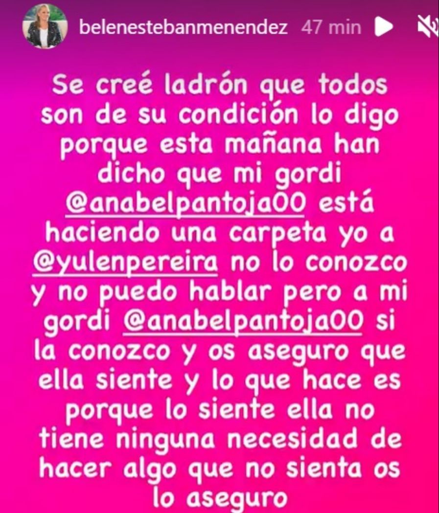 Belén Esteban se pronuncia sobre los sentimientos de Anabel Pantoja por Yulen Pereira