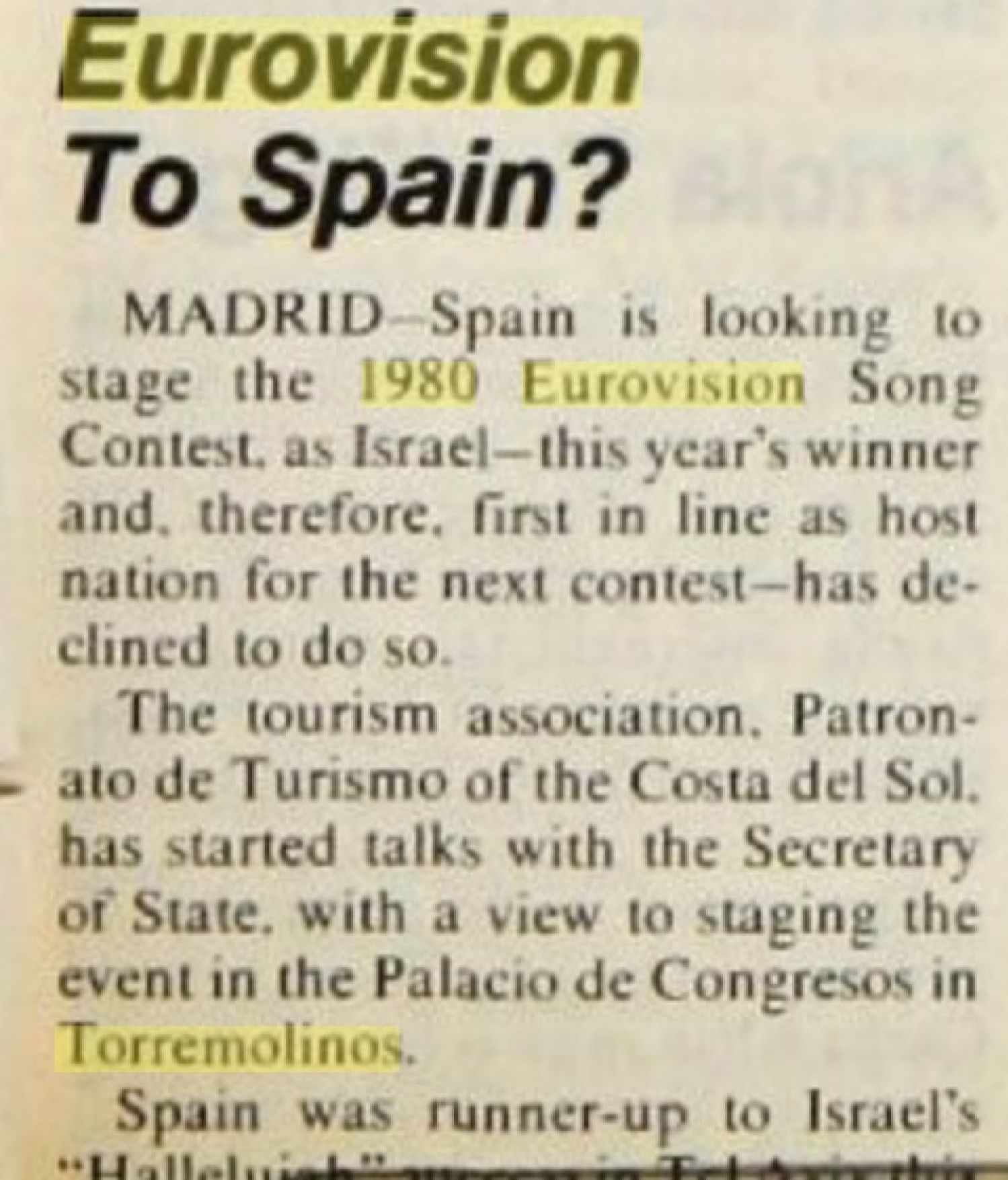 Pieza en Billboard sobre la propuesta de celebrar Eurovisión 1980 en España