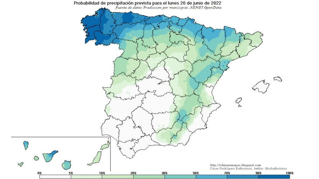 Probabilidad de precipitación el lunes 20 de junio