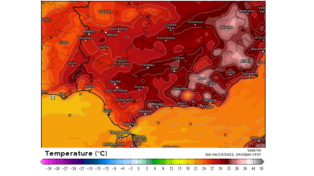 Temperaturas máximas previstas para el domingo 19