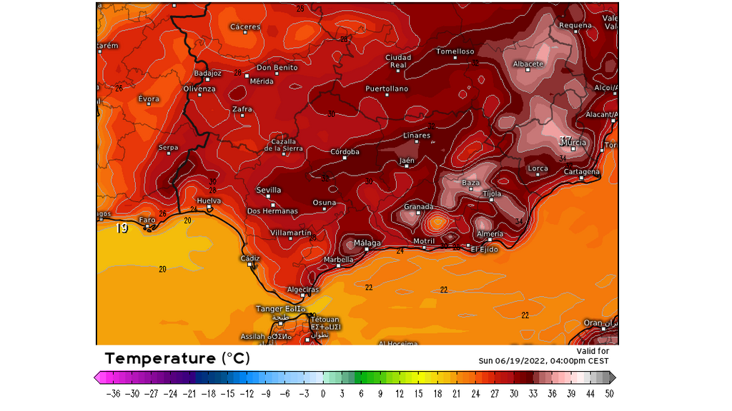 Temperaturas máximas previstas para el domingo 19