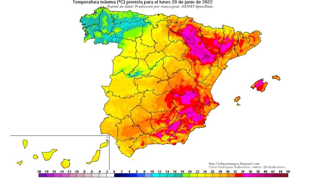 Temperaturas máximas previstas para el lunes, 20 de junio