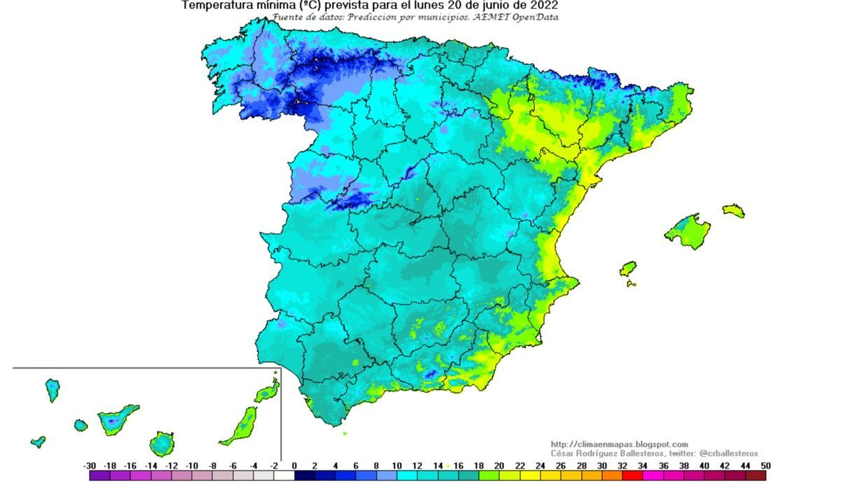 Temperaturas mínimas previstas para el lunes, 20 de junio