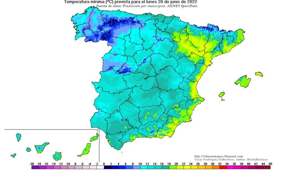 Temperaturas mínimas previstas para el lunes, 20 de junio