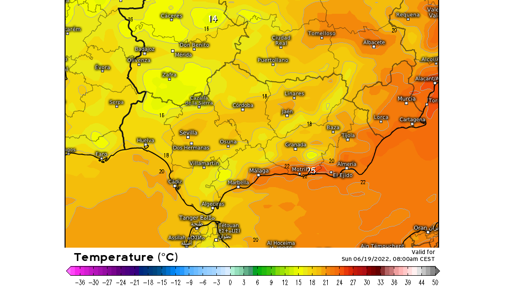 Temperaturas previstas a primera hora de la mañana del domingo 19
