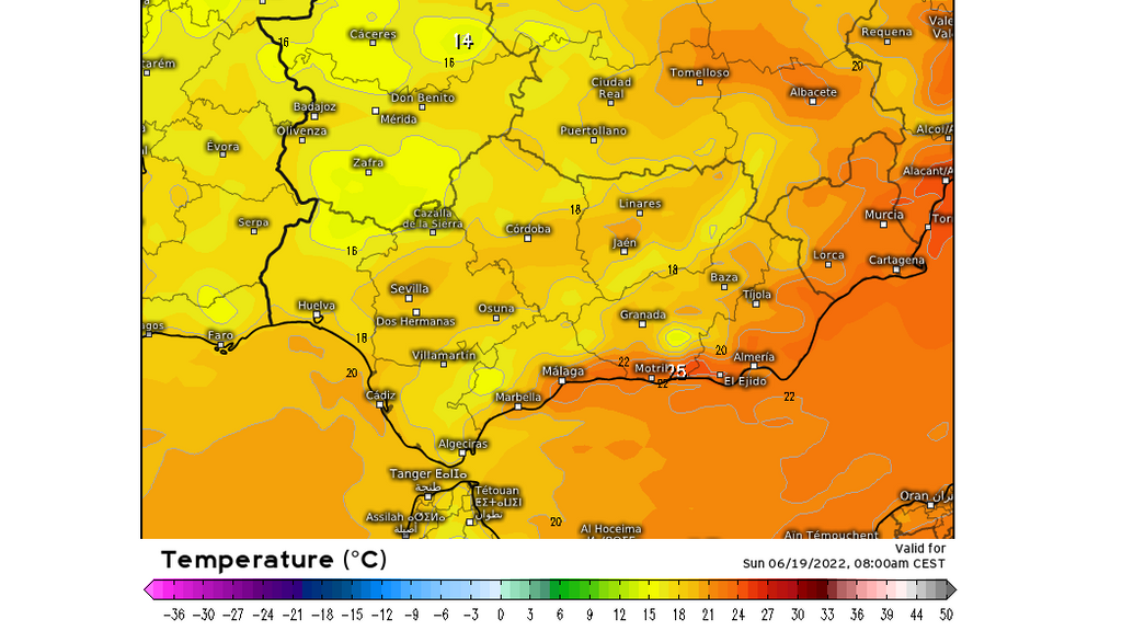 Temperaturas previstas a primera hora de la mañana del domingo 19