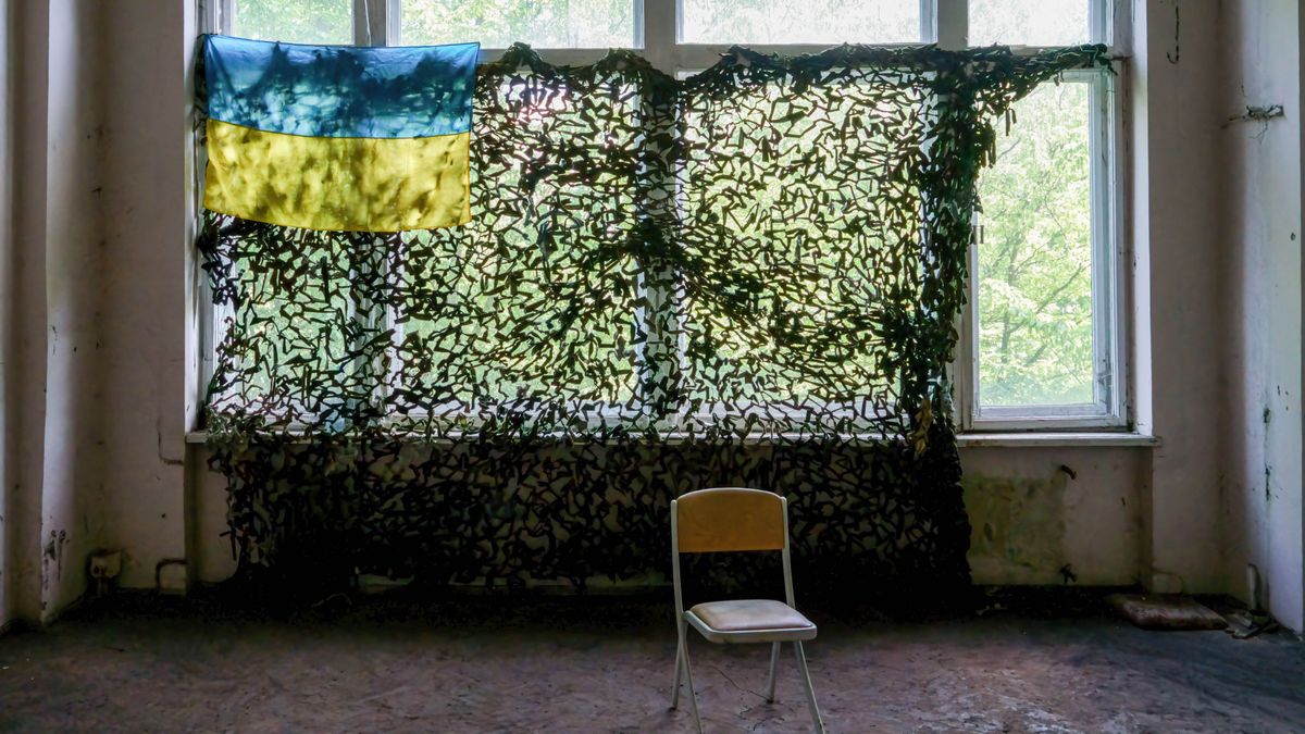 A Ukrainian flag on display inside a military training compound in Lviv. Ukrainian military officers train themselves during the territorial defence exercise in Lviv. Russia invaded Ukraine on 24 February 2022, triggering the largest military attack in Europe since World War II.