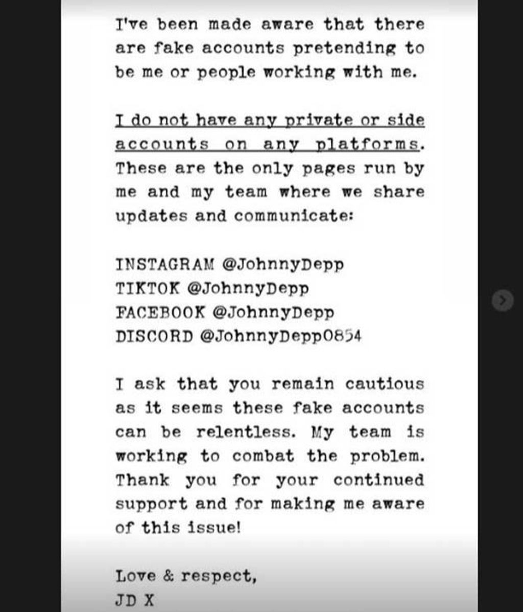 Johnny Depp lanza un comunicado en sus redes sociales: "Hay cuentas falsas haciéndose pasar por mí"