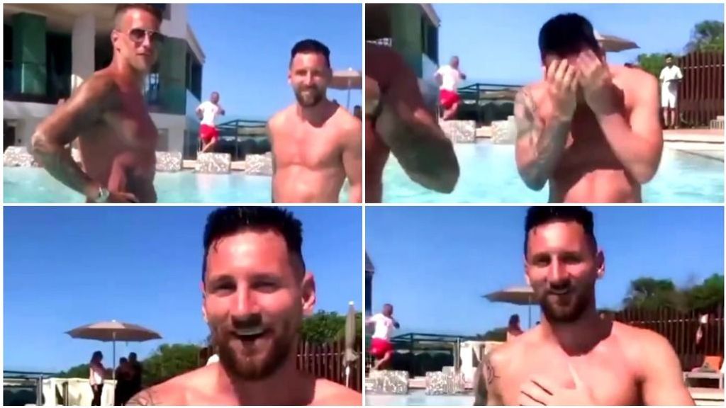 Una aficionada le pide en la piscina un saludo a Messi para toda su familia y éste cumple: "Les deseo lo mejor"