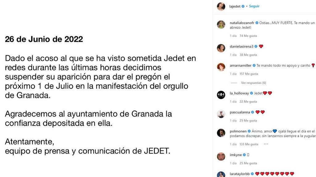 Jedet descarta su presencia en el pregón del Orgullo de Granada