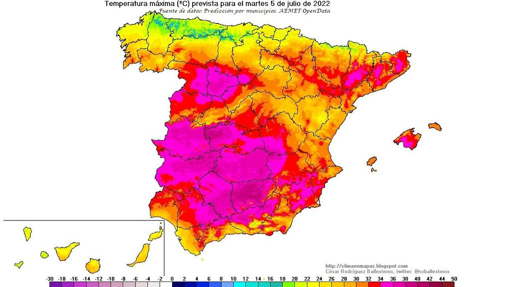 Temperaturas máximas previstas para el martes, 5 de julio