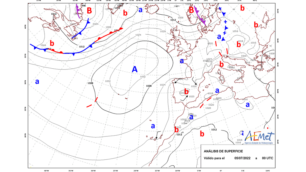 Mapa con frentes, con el anticiclón de las Azores actualmente al noroeste de la Península Ibérica